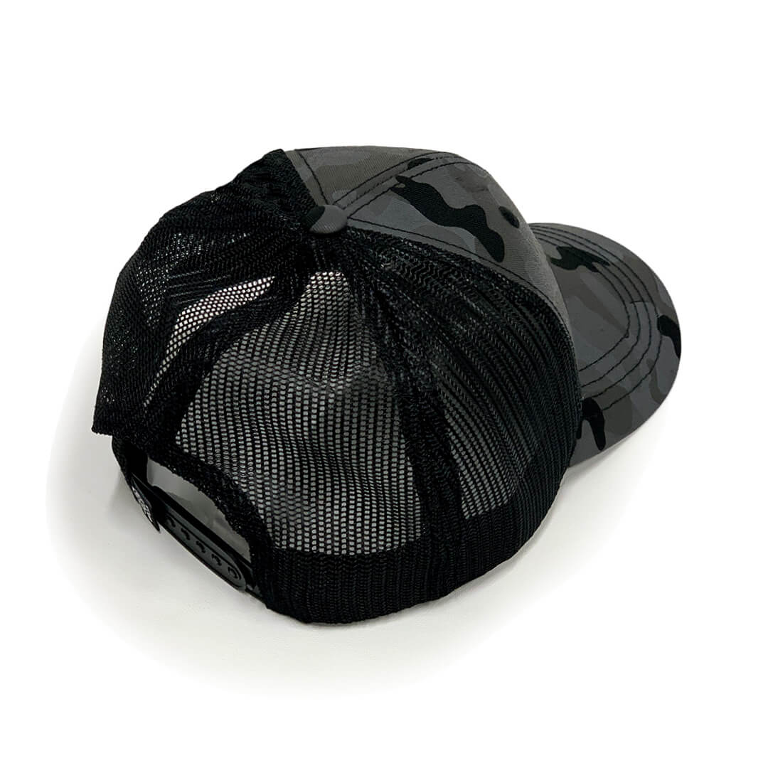 Back view showing a mesh back and adjustable snapback.