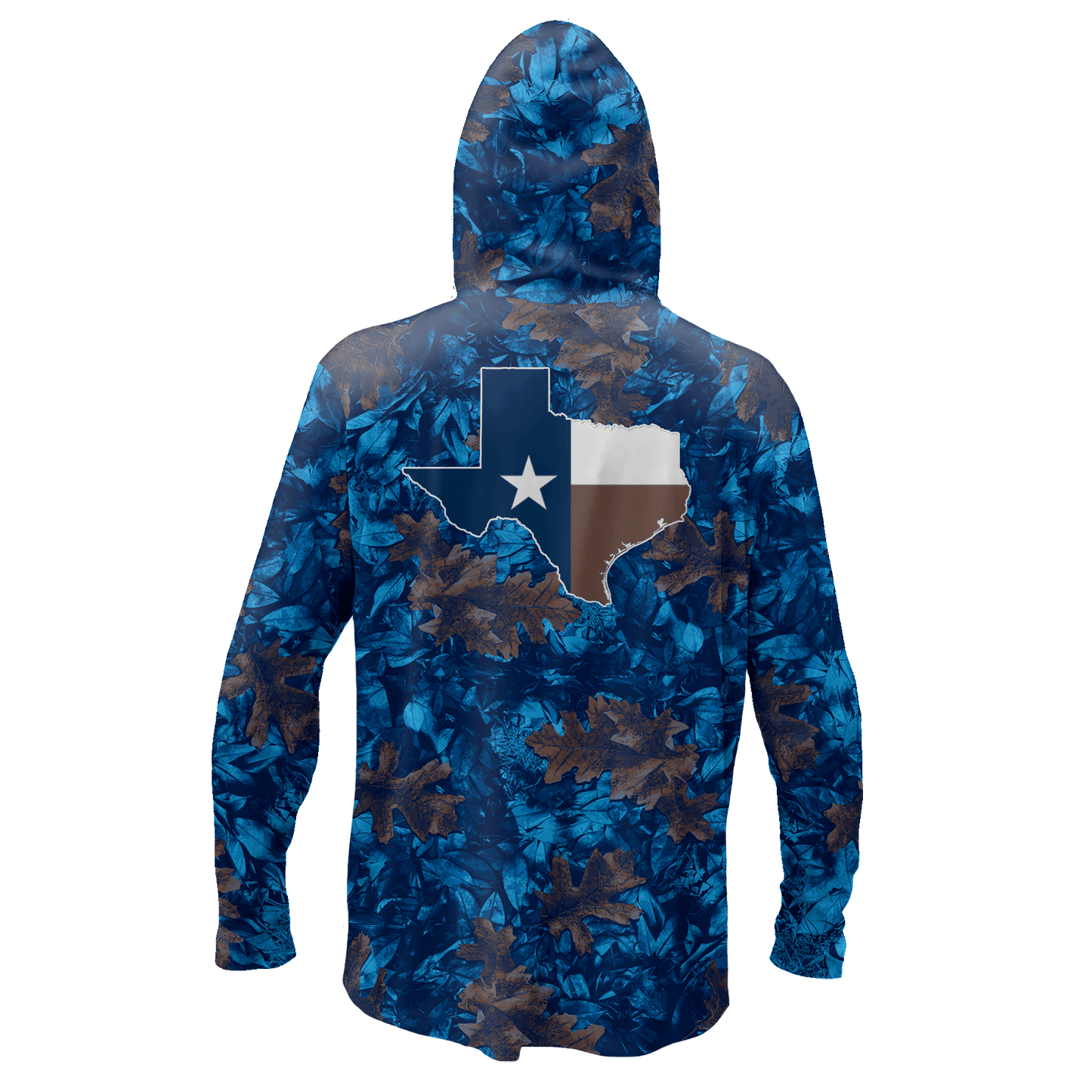 Back view showing the same repeating pattern and an outline of the state of Texas with the Texas flag within it.