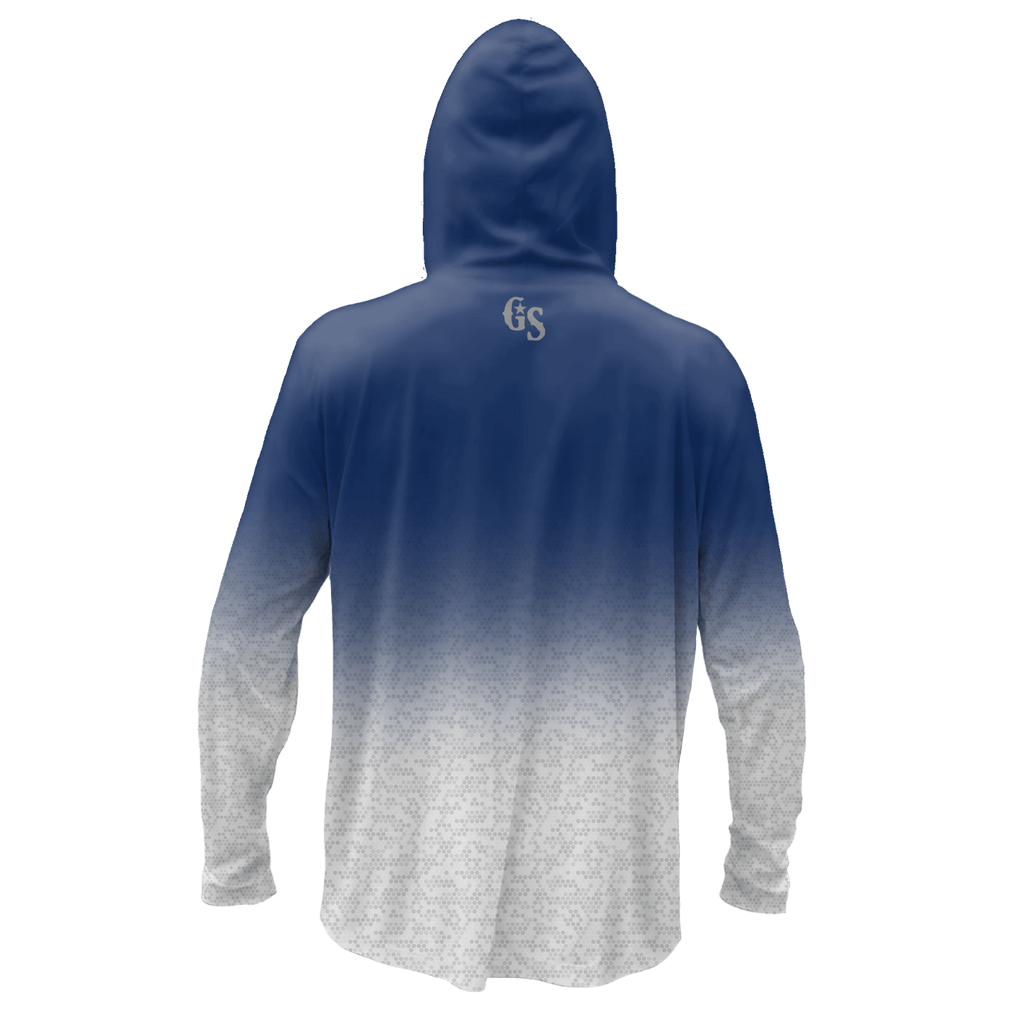 Back view with a blue color to geometric gray and white pattern.