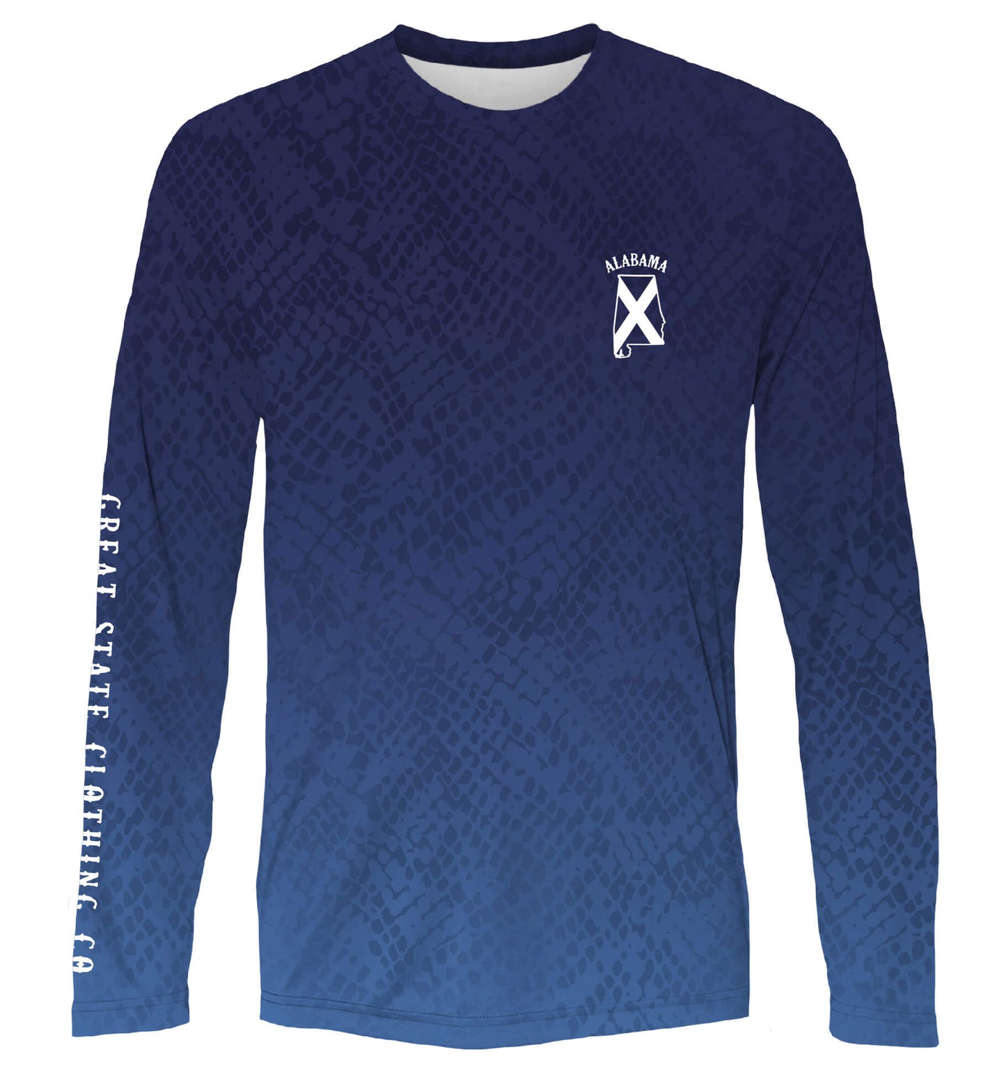 Front view with the state of Alabama with the state flag within it on the left chest.