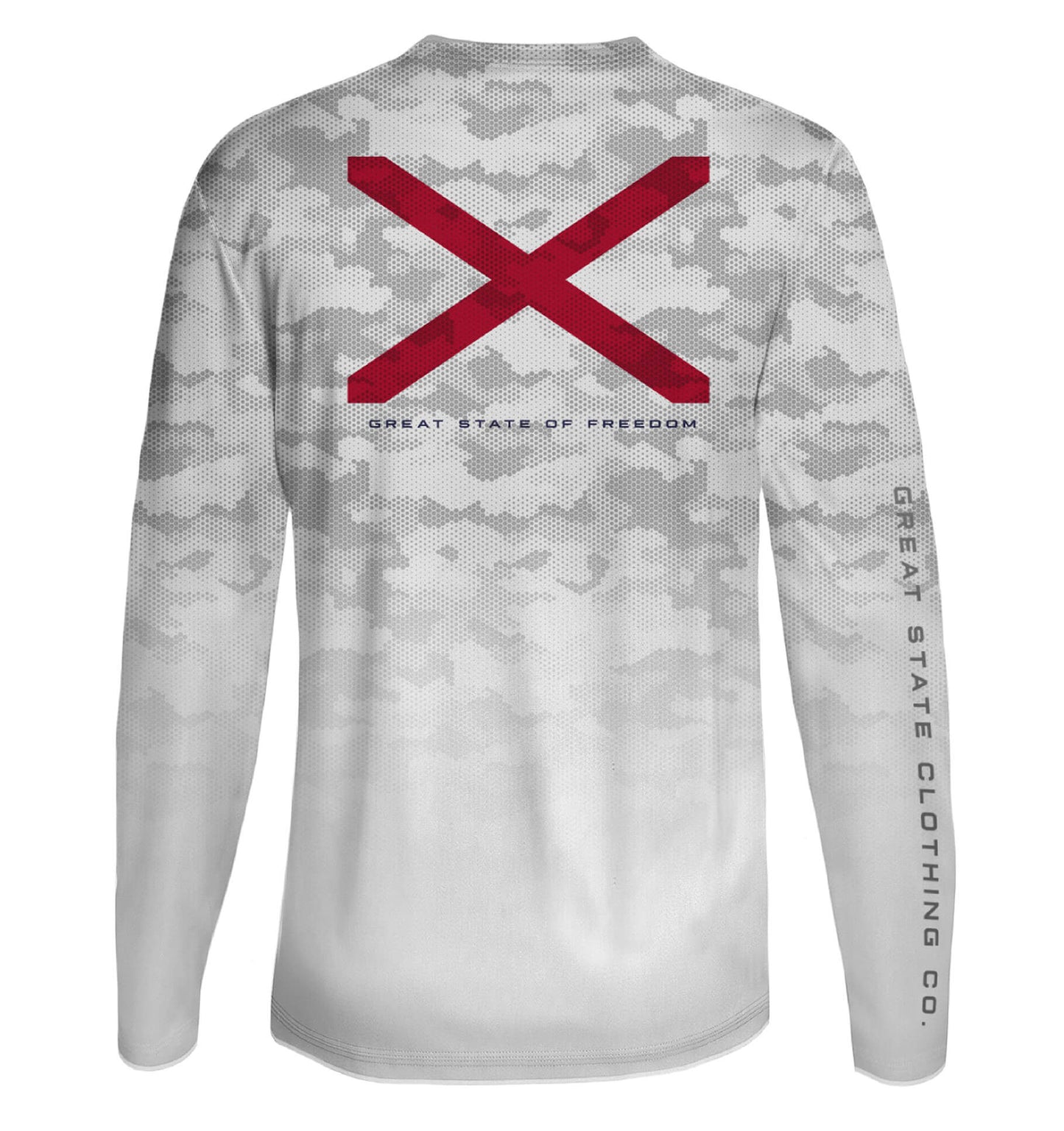 Back view with the Alabama flag on the center back and text 'GREAT STATE OF FREEDOM'.