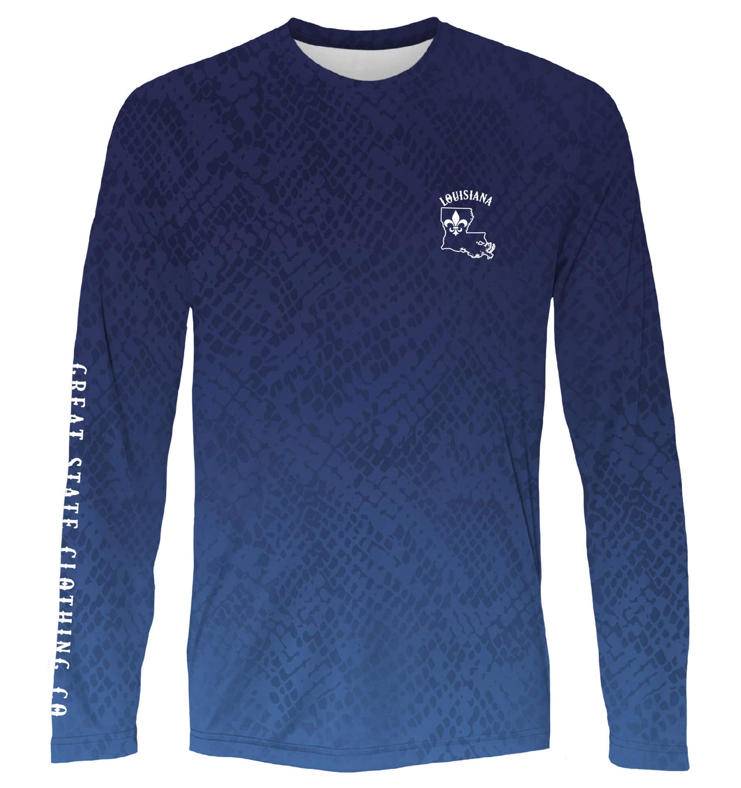 Front view with the outline of Louisiana on the left chest.