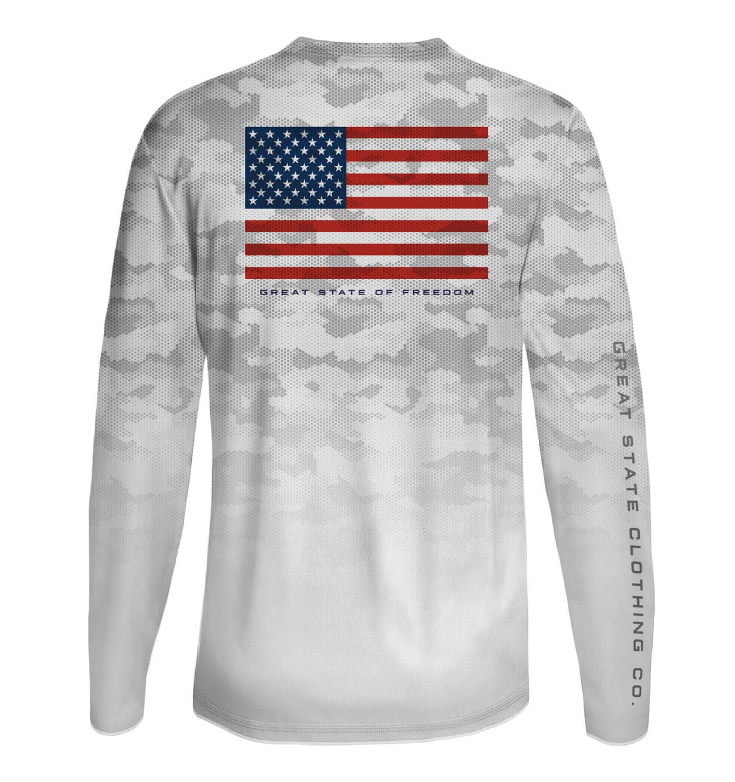 Back view showing an American flag on the center back.