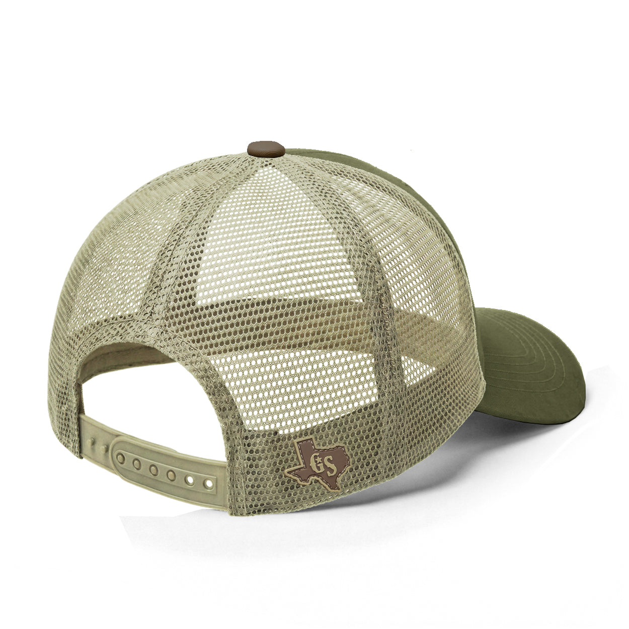 Back view showing a mesh backing and snapback.