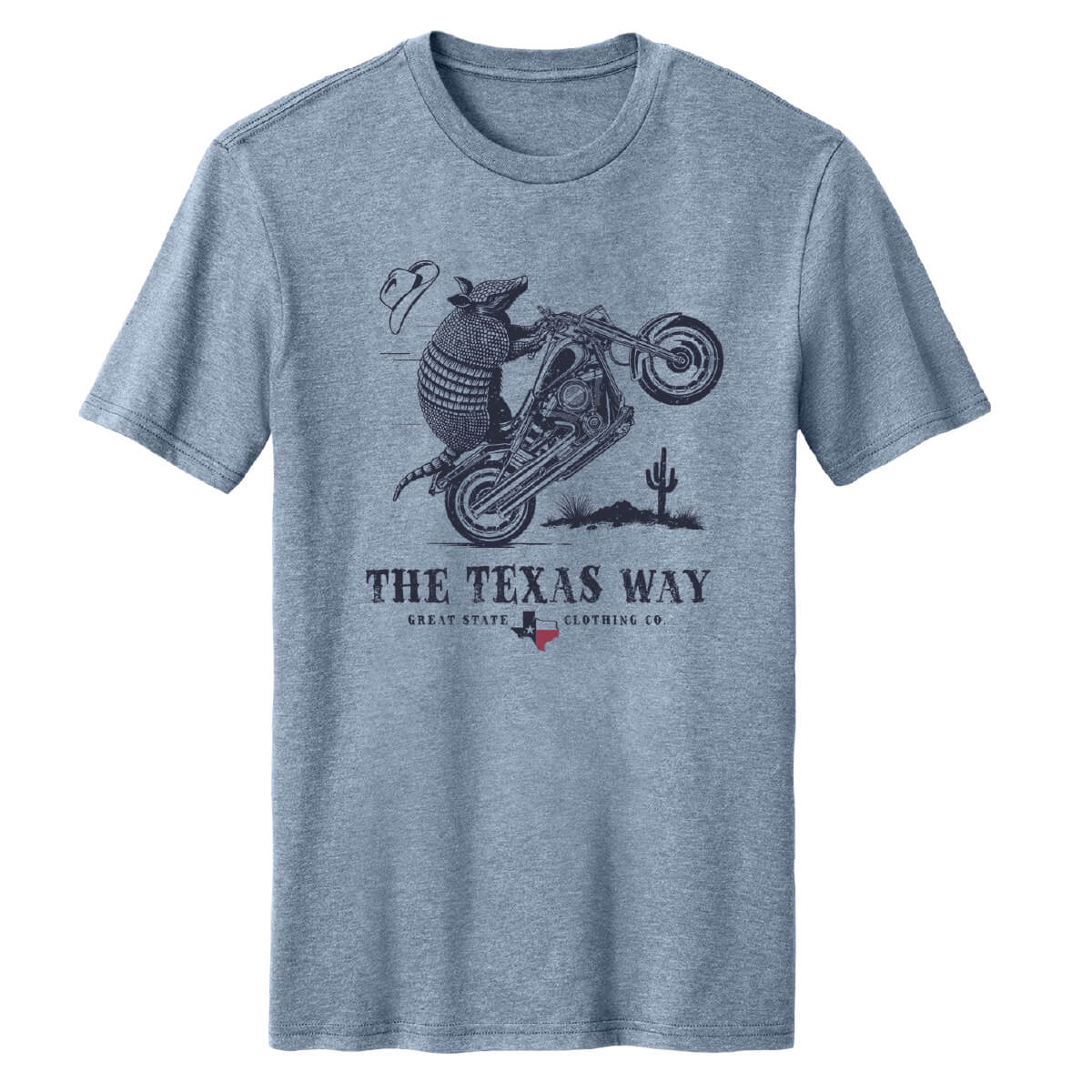 Blue t-shirt with armadillo on a motorcycle graphic and 'The Texas Way' text.
