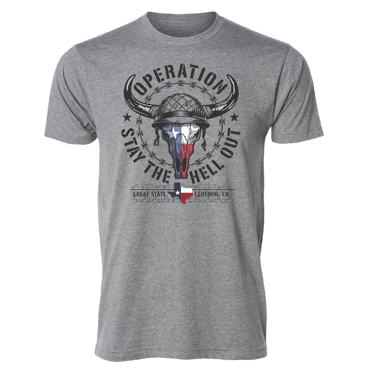 A gray crew neck t-shirt with text and graphic design featuring a bull's skull and the phrase 'Operation Stay The Hell Out'.