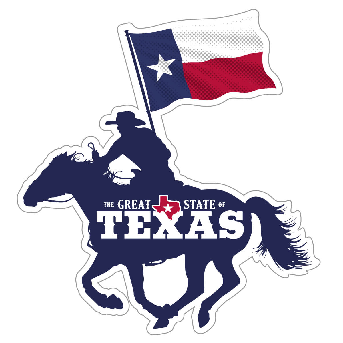 A navy decal of a cowboy riding a horse with the Texas flag and the text 'THE GREAT STATE OF TEXAS'.