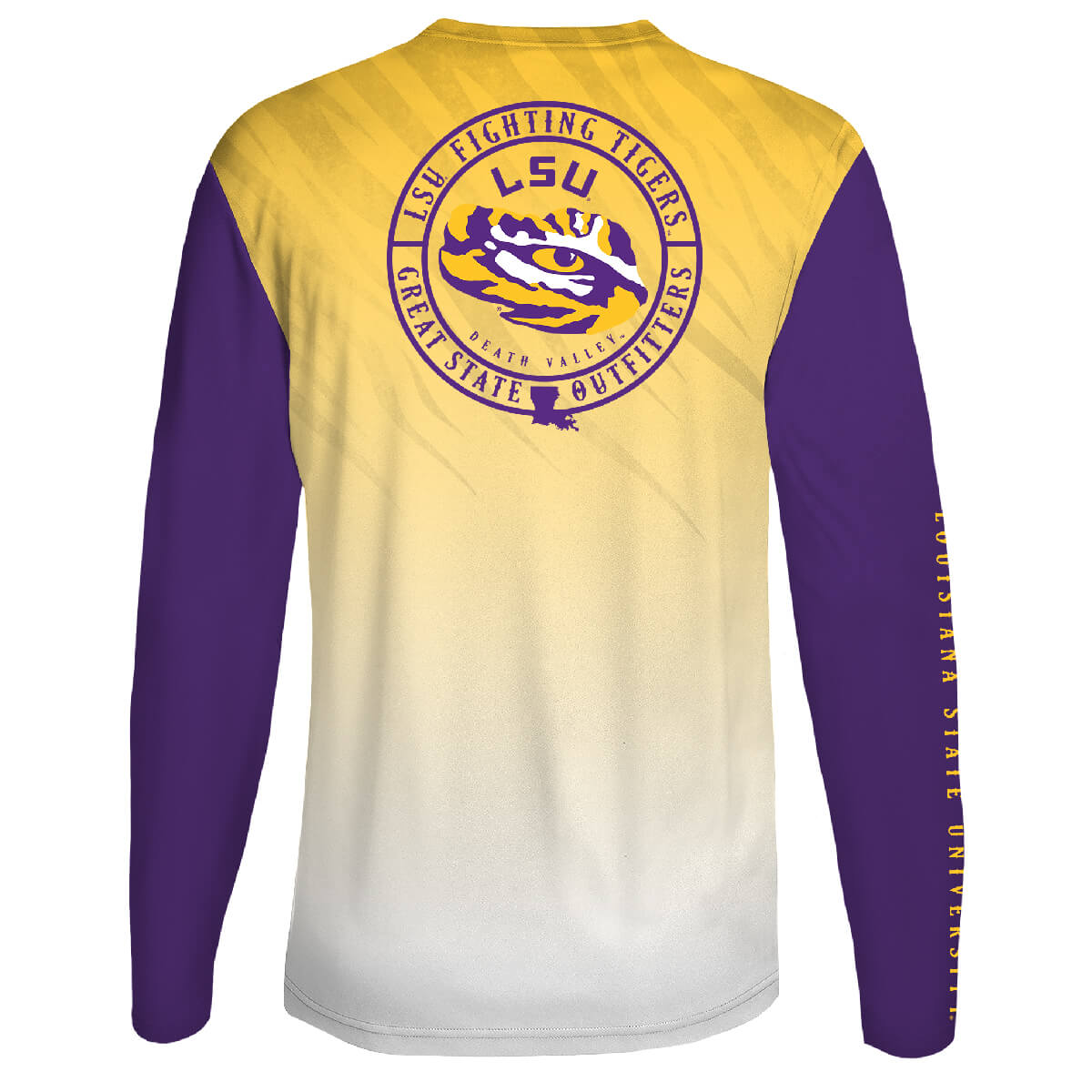 Back view featuring a circular crest with the LSU logo and mascot within it.