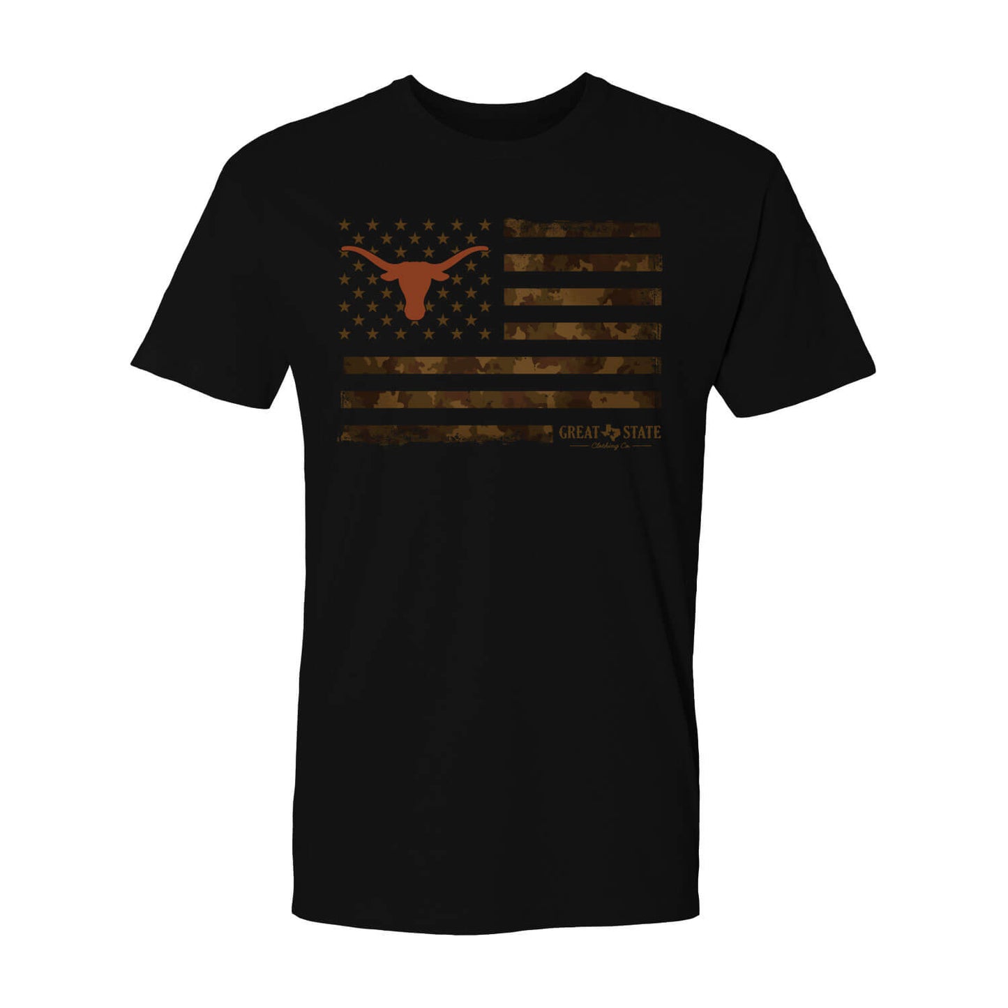 Black t-shirt with an American flag in a camouflage pattern with the Texas Longhorns logo.