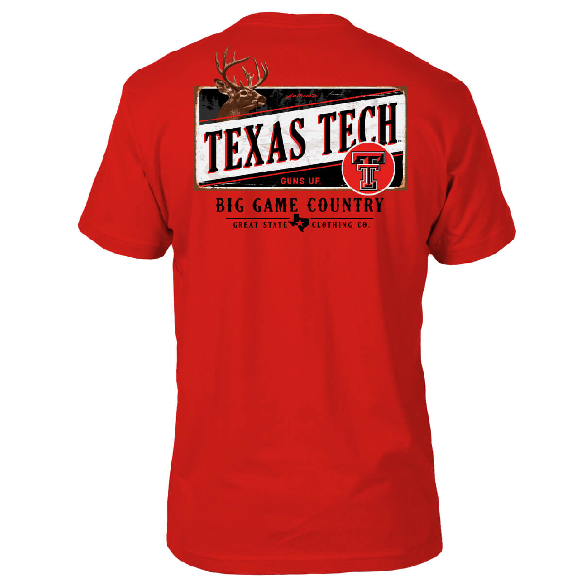A red t-shirt with Texas Tech logo and 'Big Game Country' text on the back.