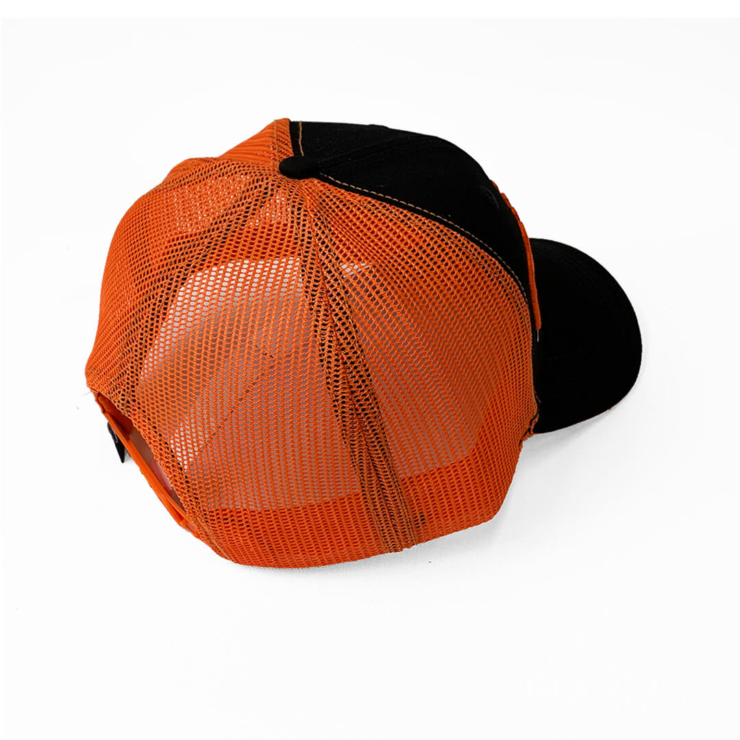 Back view featuring the orange mesh back and adjustable snapback.