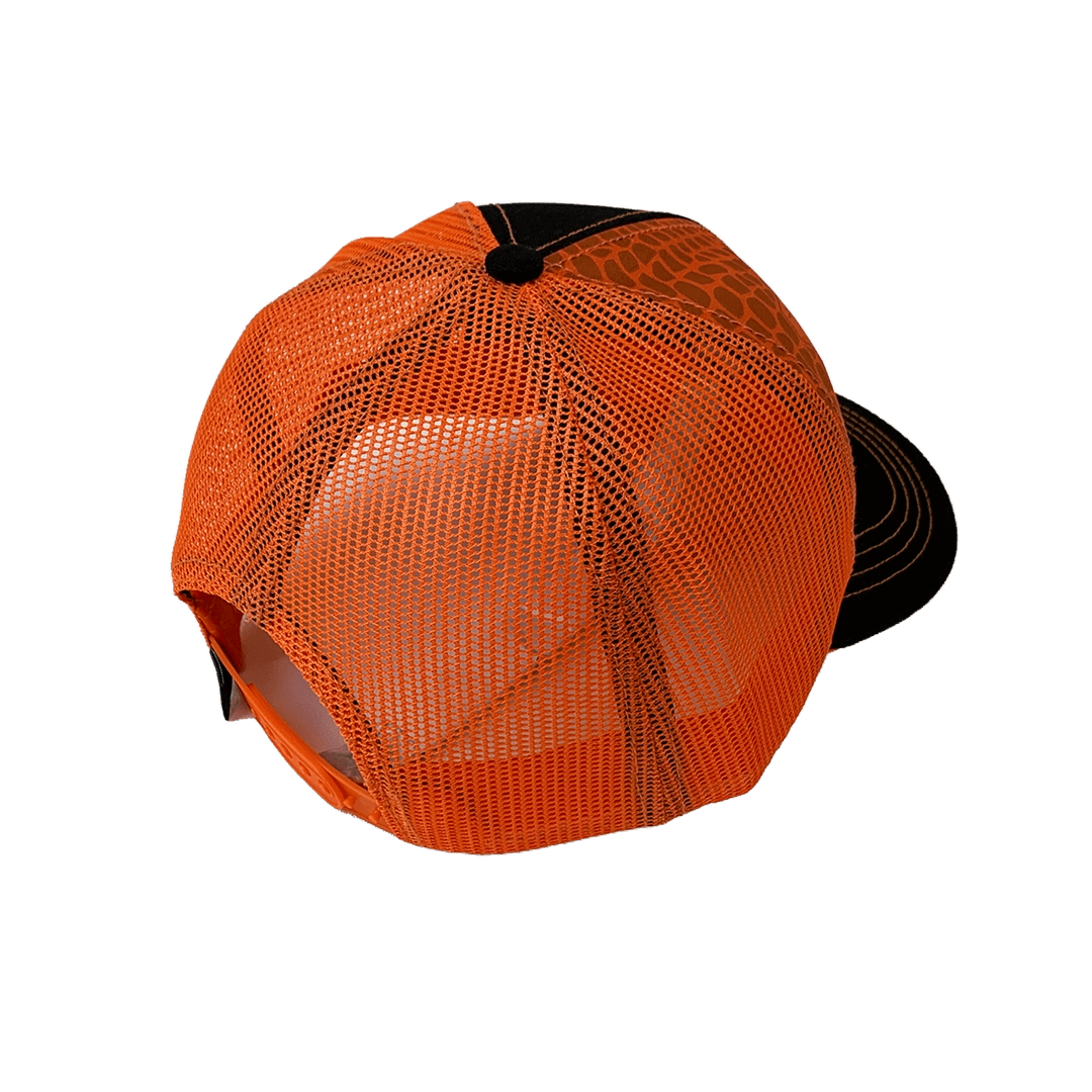 Back view featuring the orange mesh back and adjustable snapback.