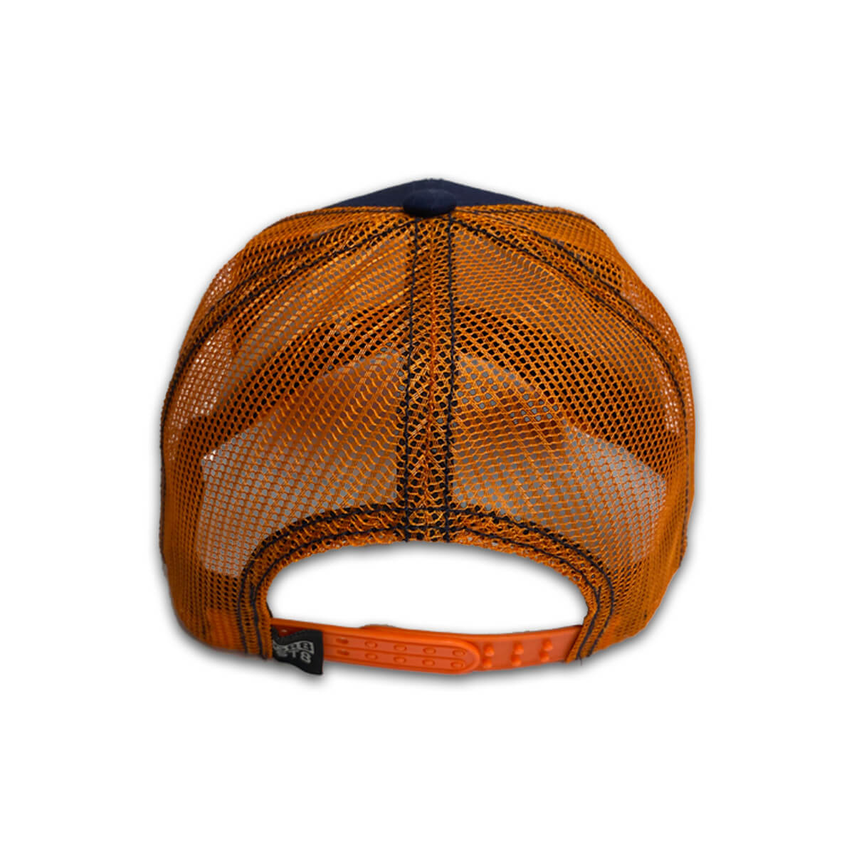 Back view showing orange mesh backing and snapback.