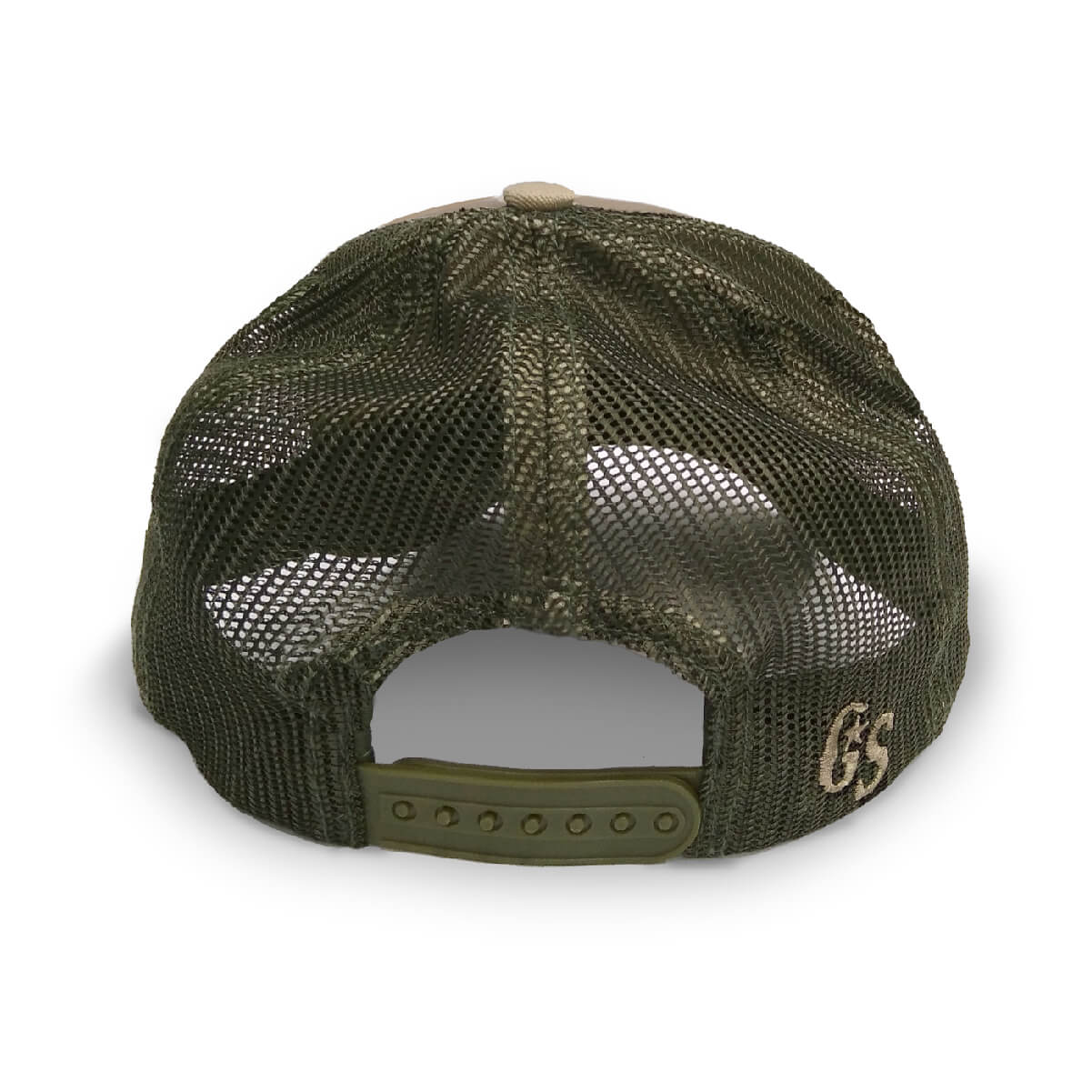 Back view featuring green mesh back and snapback.