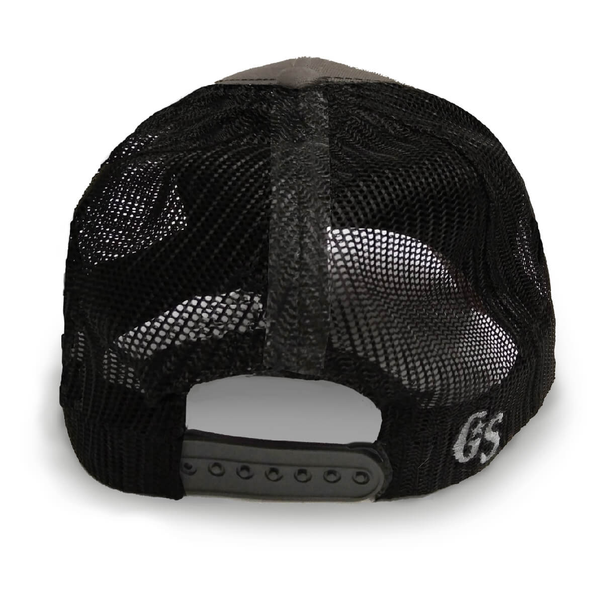 Back view showing black mesh and snapback.
