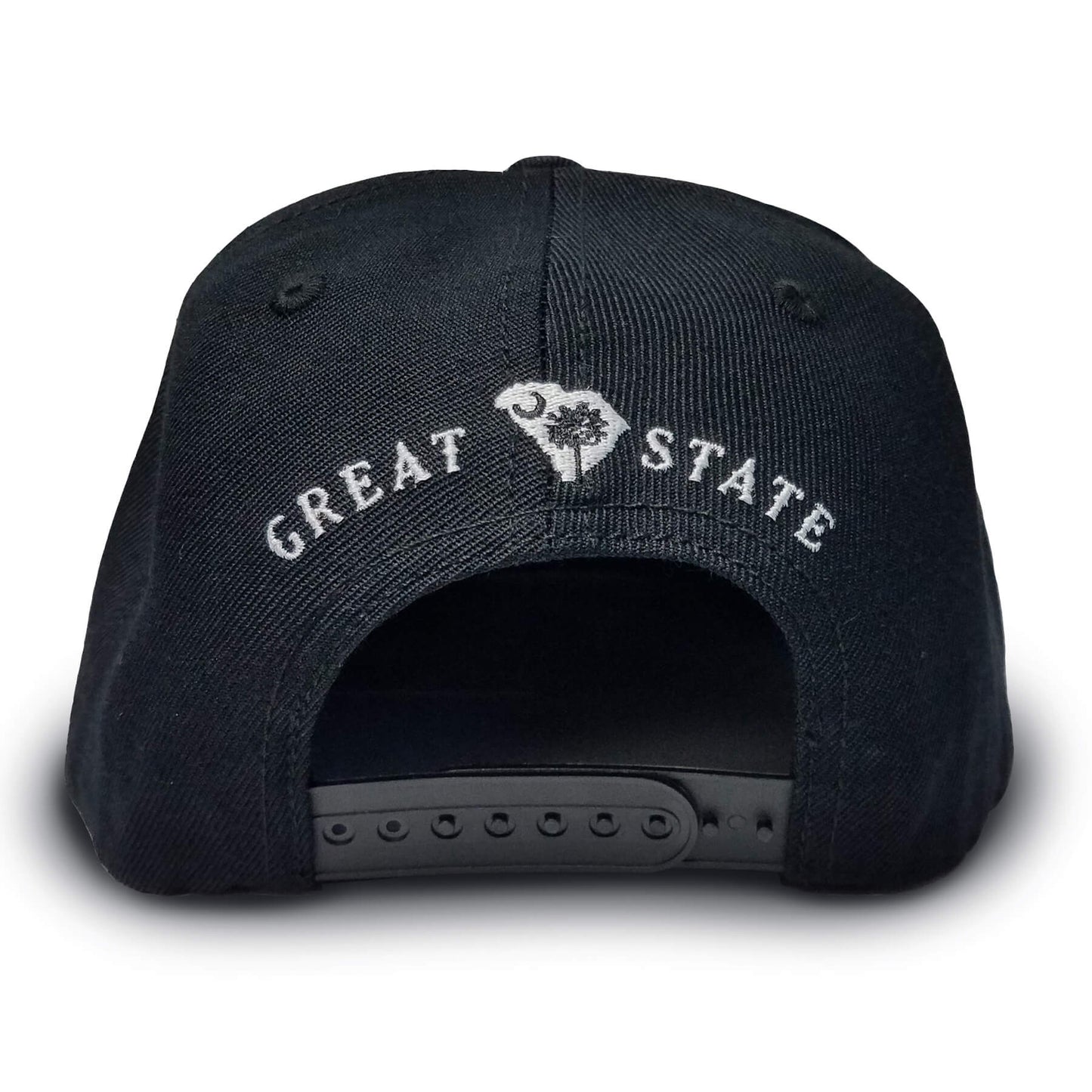 Back view featuring text 'GREAT STATE' over adjustable snapback.