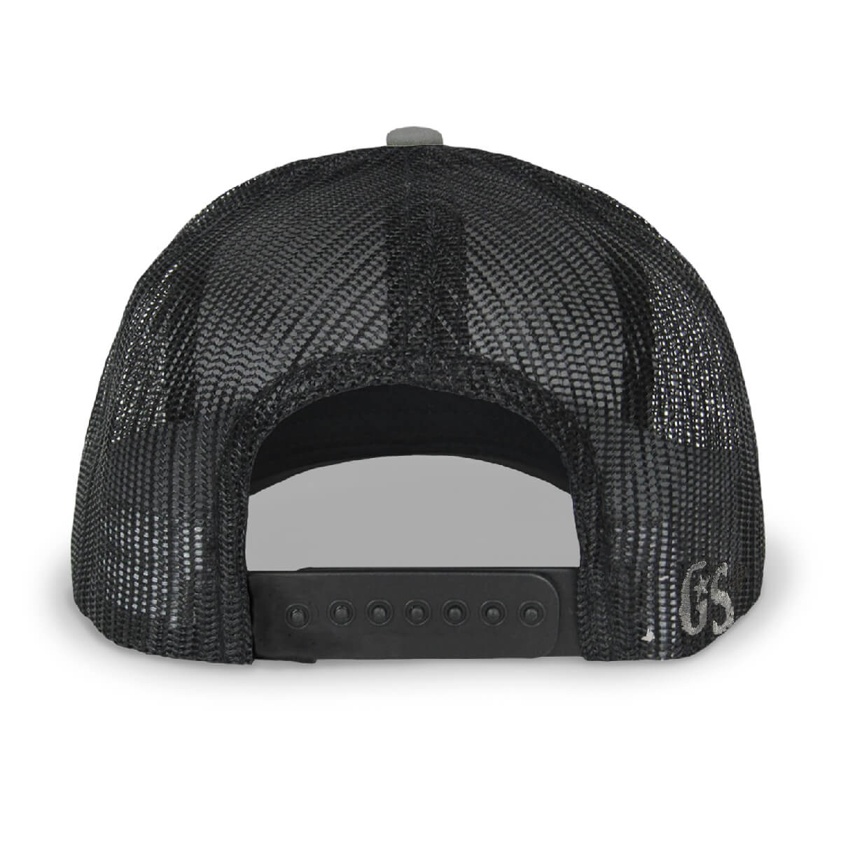 Back view showing black mesh and snapback.