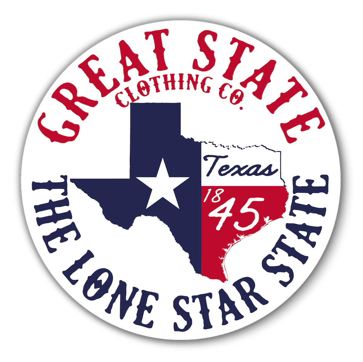 Circle decal in white with red and navy text with the state of Texas in the middle and the Texas flag.