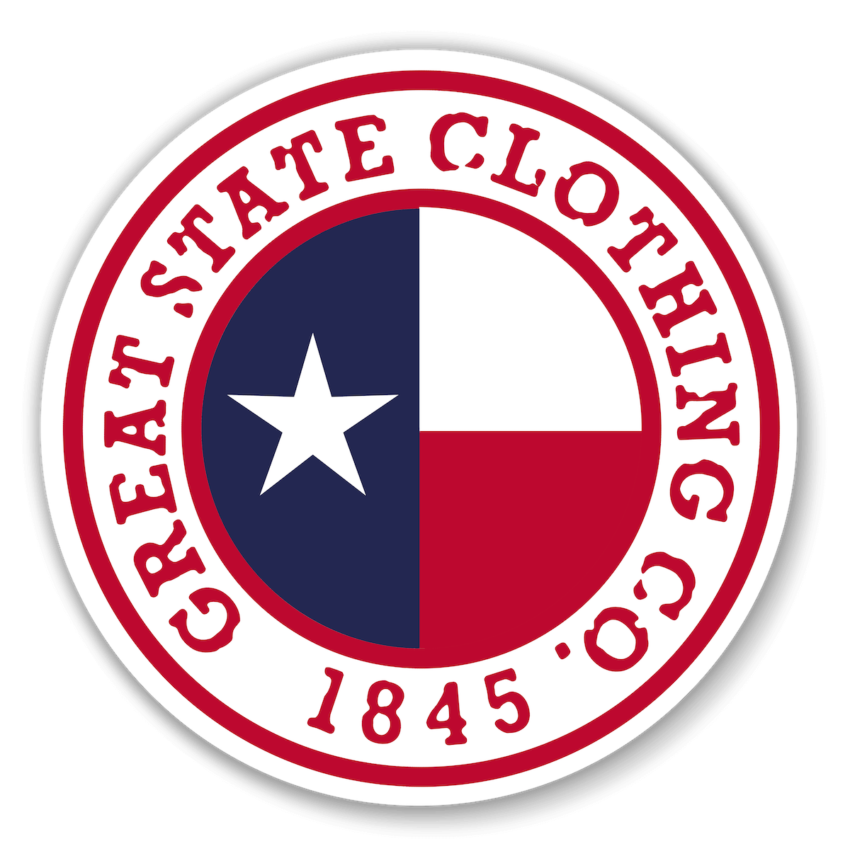 A circular decal featuring the Texas state flag with the text 'Texas State Clothing 1845' in the center.
