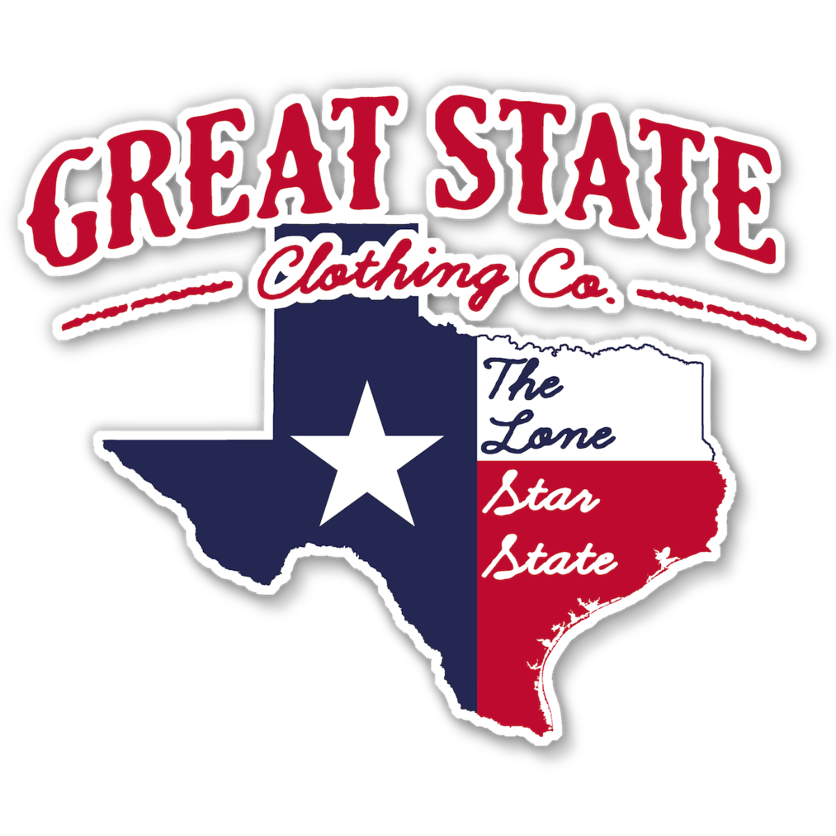 Decal featuring text 'GREAT STATE CLOTHING CO' in red and the state of Texas with the state flag within it.