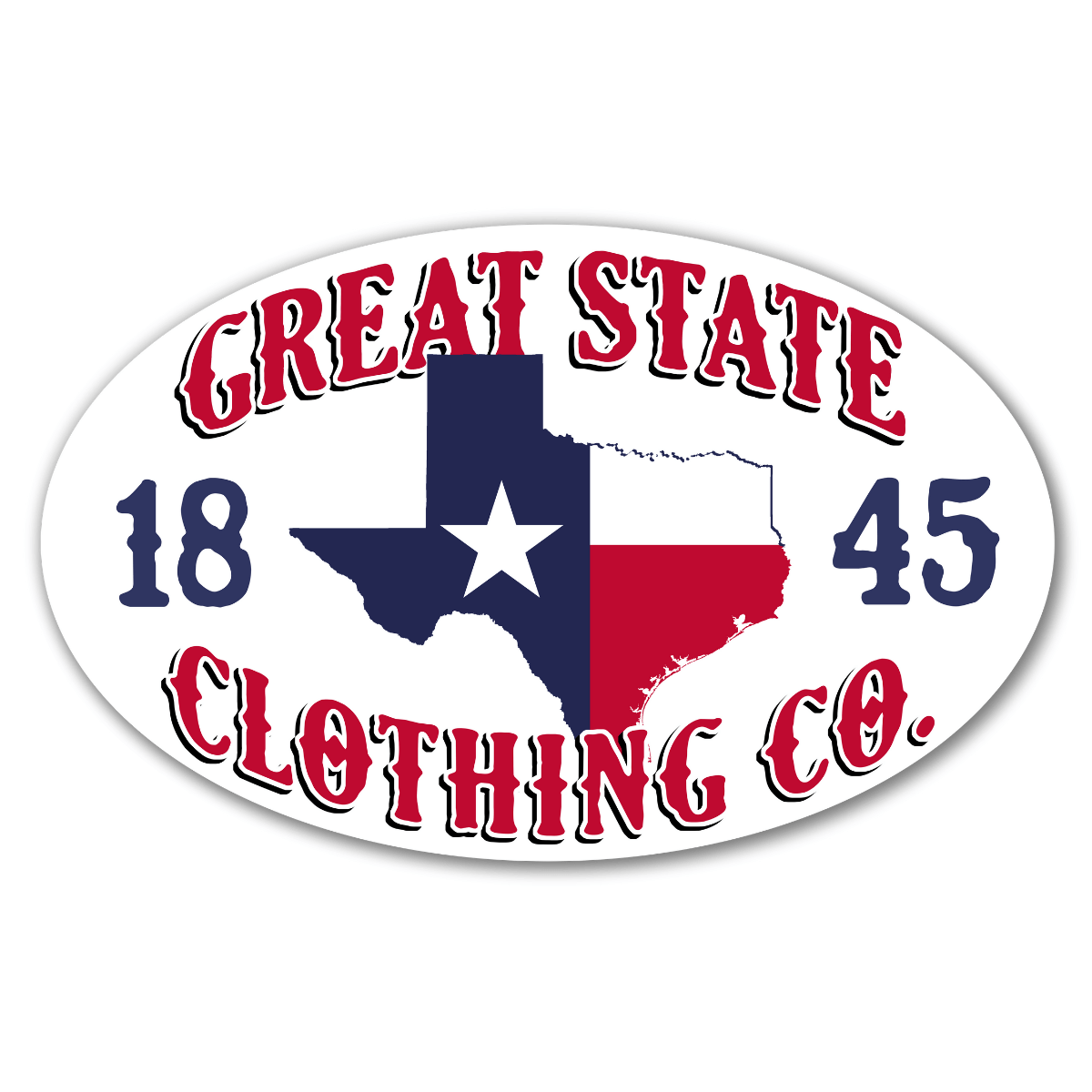 An oval decal with text 'GREAT STATE CLOTHING CO' in red and the state of Texas in the middle with the state flag within it.