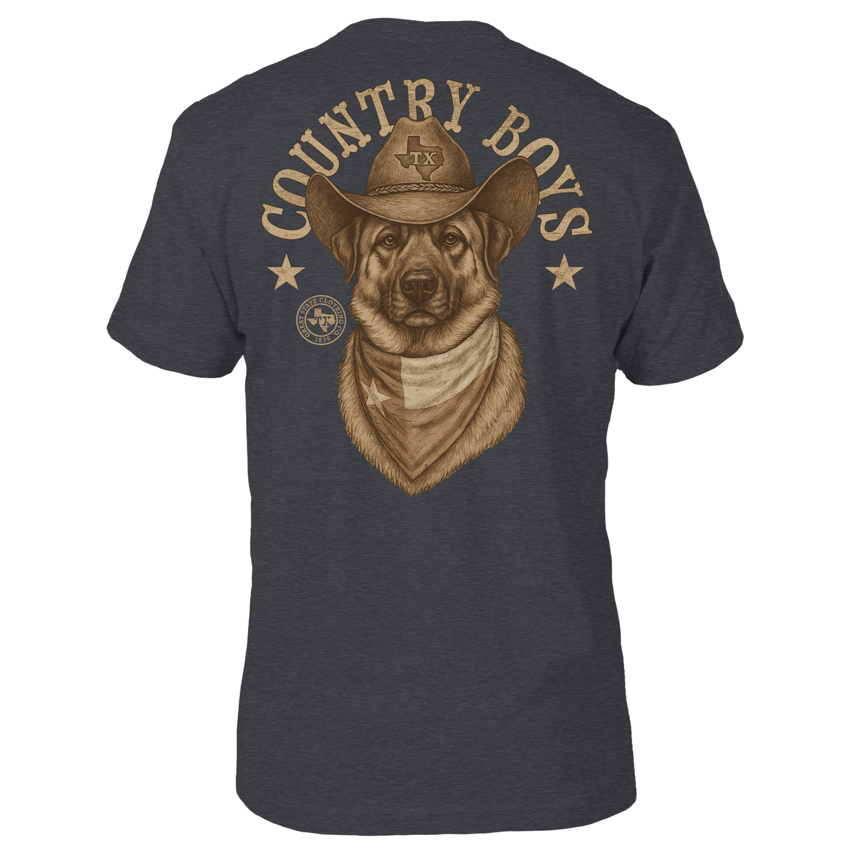 Navy t-shirt with a graphic of a dog wearing a cowboy hat and bandana, and 'Country Boys' text on the back.