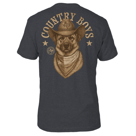 Navy t-shirt with a graphic of a dog wearing a cowboy hat and bandana, and 'Country Boys' text on the back.