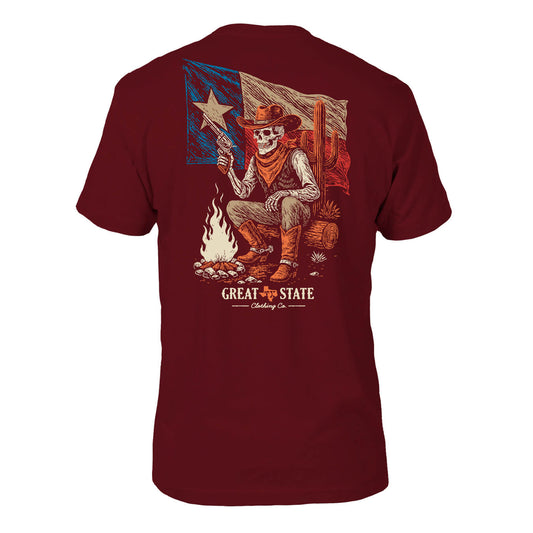 Maroon t-shirt with a graphic design on the back featuring a skeleton cowboy, Texas flag, and text 'Great State Clothing Co'.