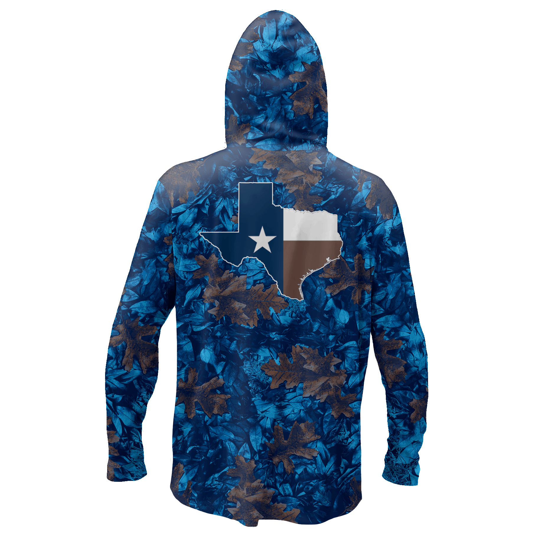 Back view showing the same repeating pattern and an outline of the state of Texas with the Texas flag within it.