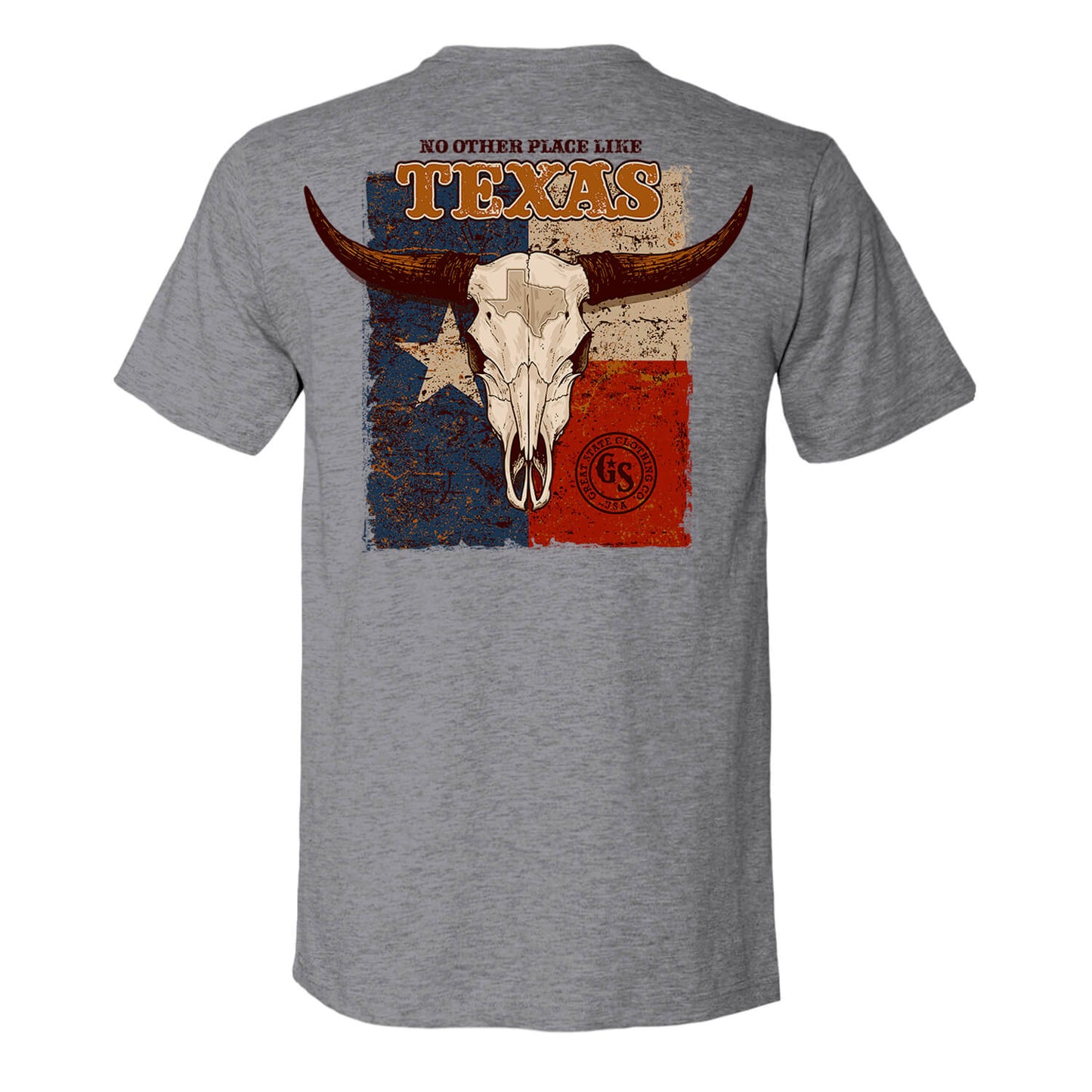 Gray t-shirt with a Texas-themed graphic featuring a bull skull and Texas flag design.