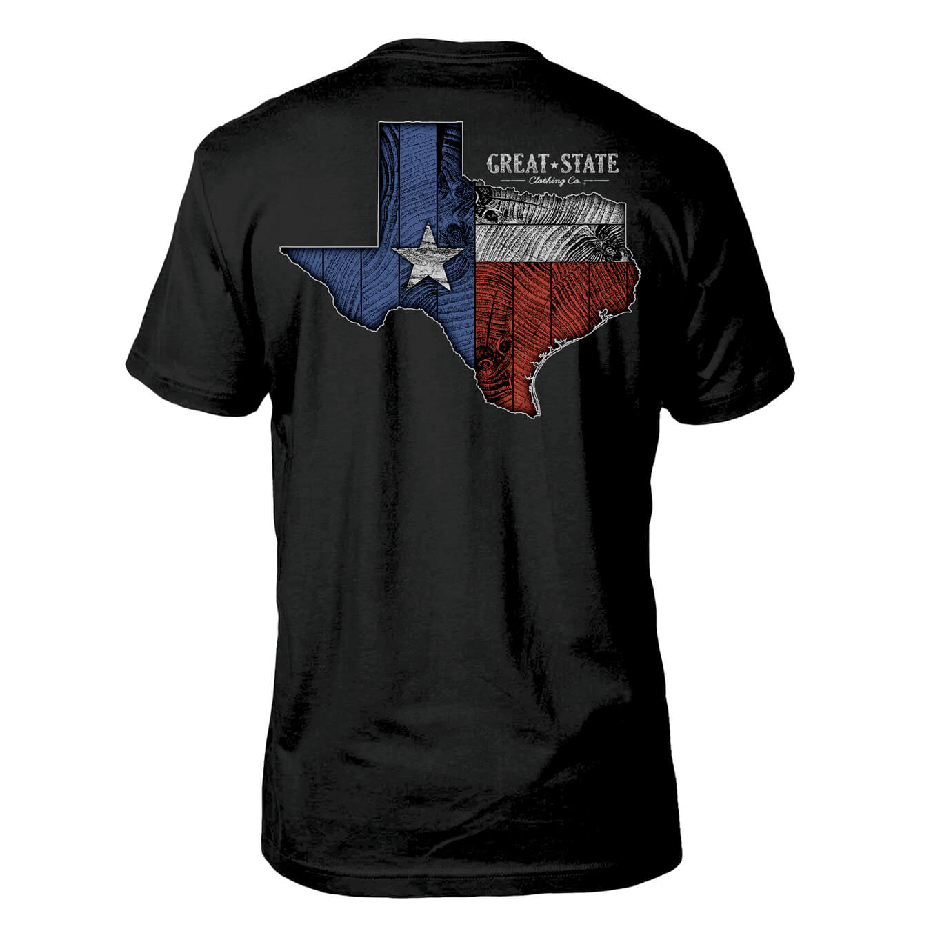 Black t-shirt with Texas flag within the state of Texas.