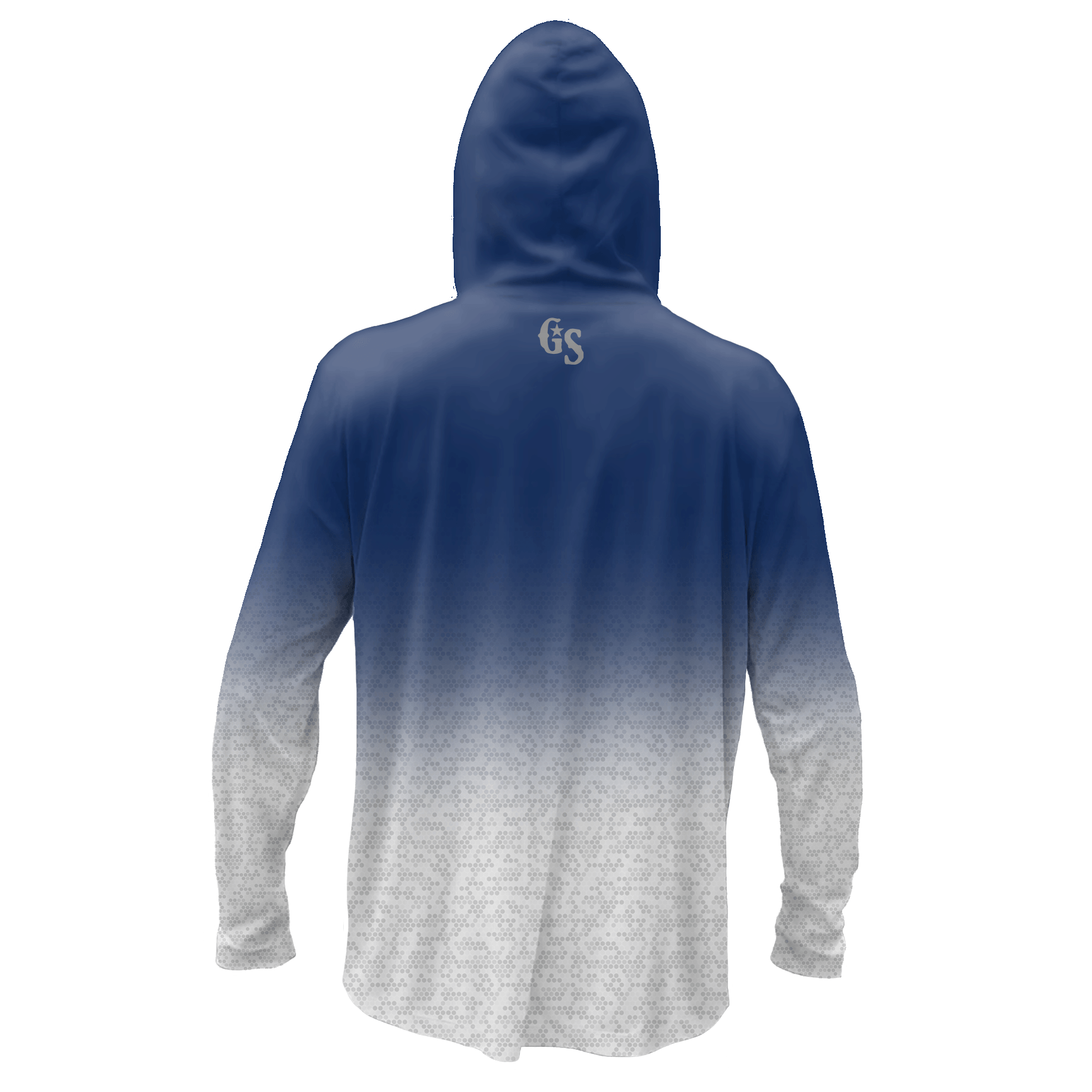 Back view with a blue color to geometric gray and white pattern.