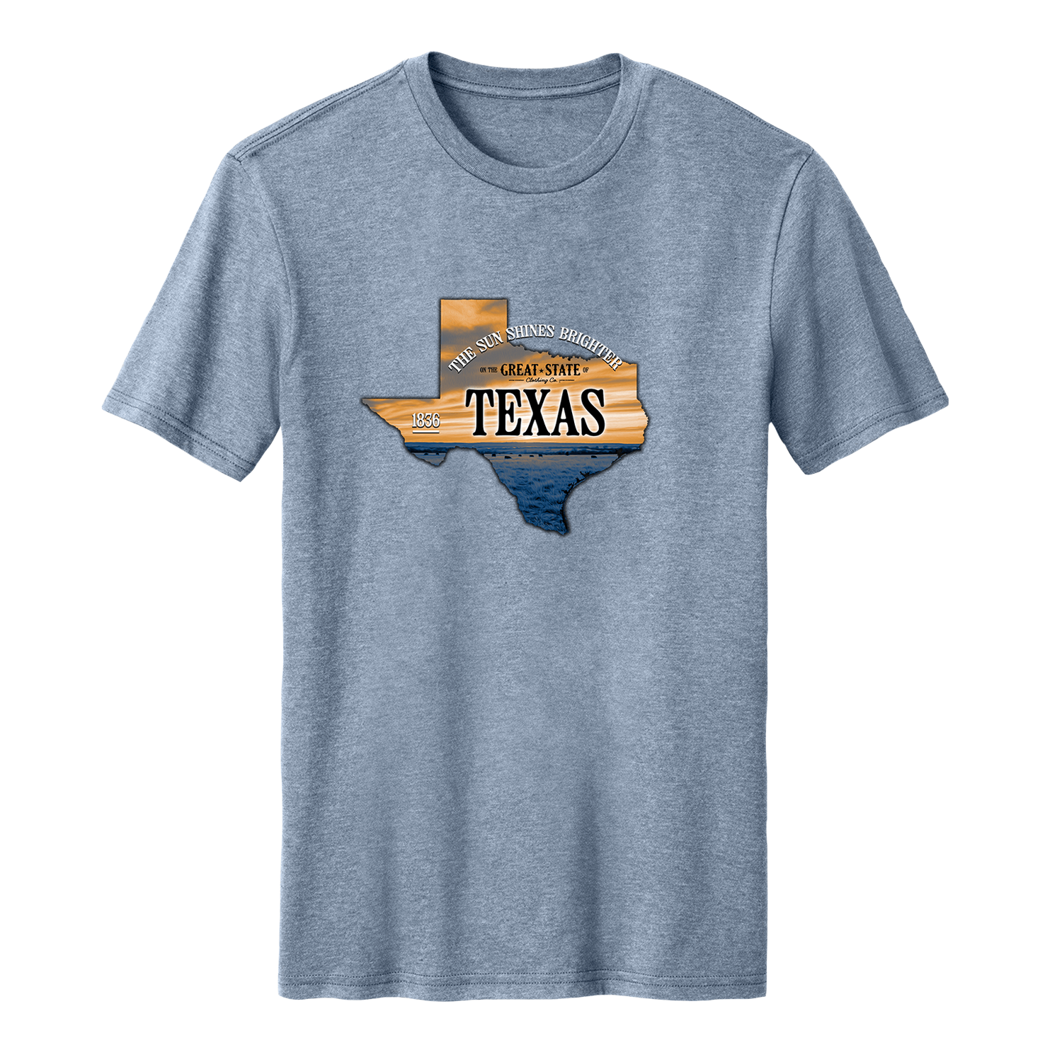 Slate blue shirt with the state of Texas with a sunrise over the ocean on the center chest.