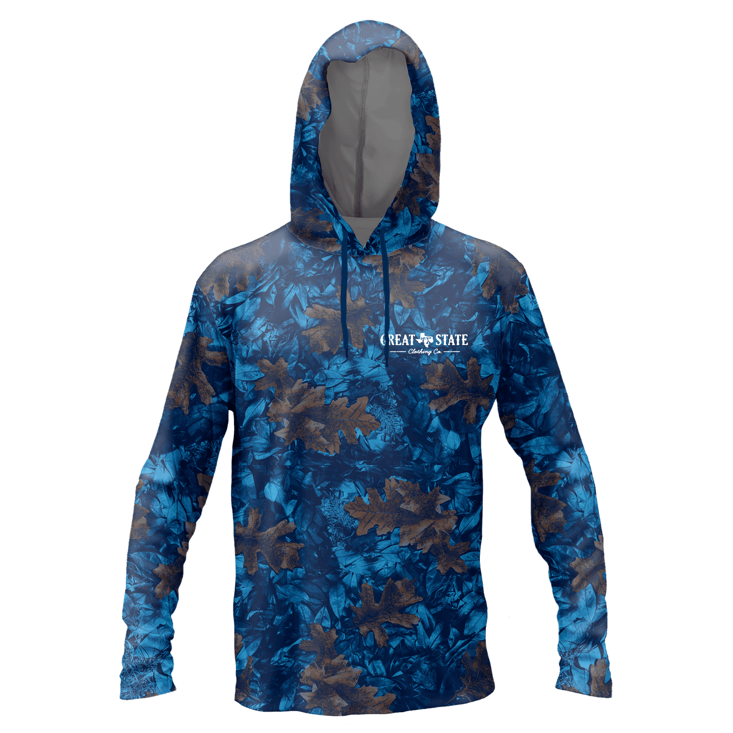 Performance hoodie with a repeating leaf pattern in blue and brown and the Great State logo on the left chest.