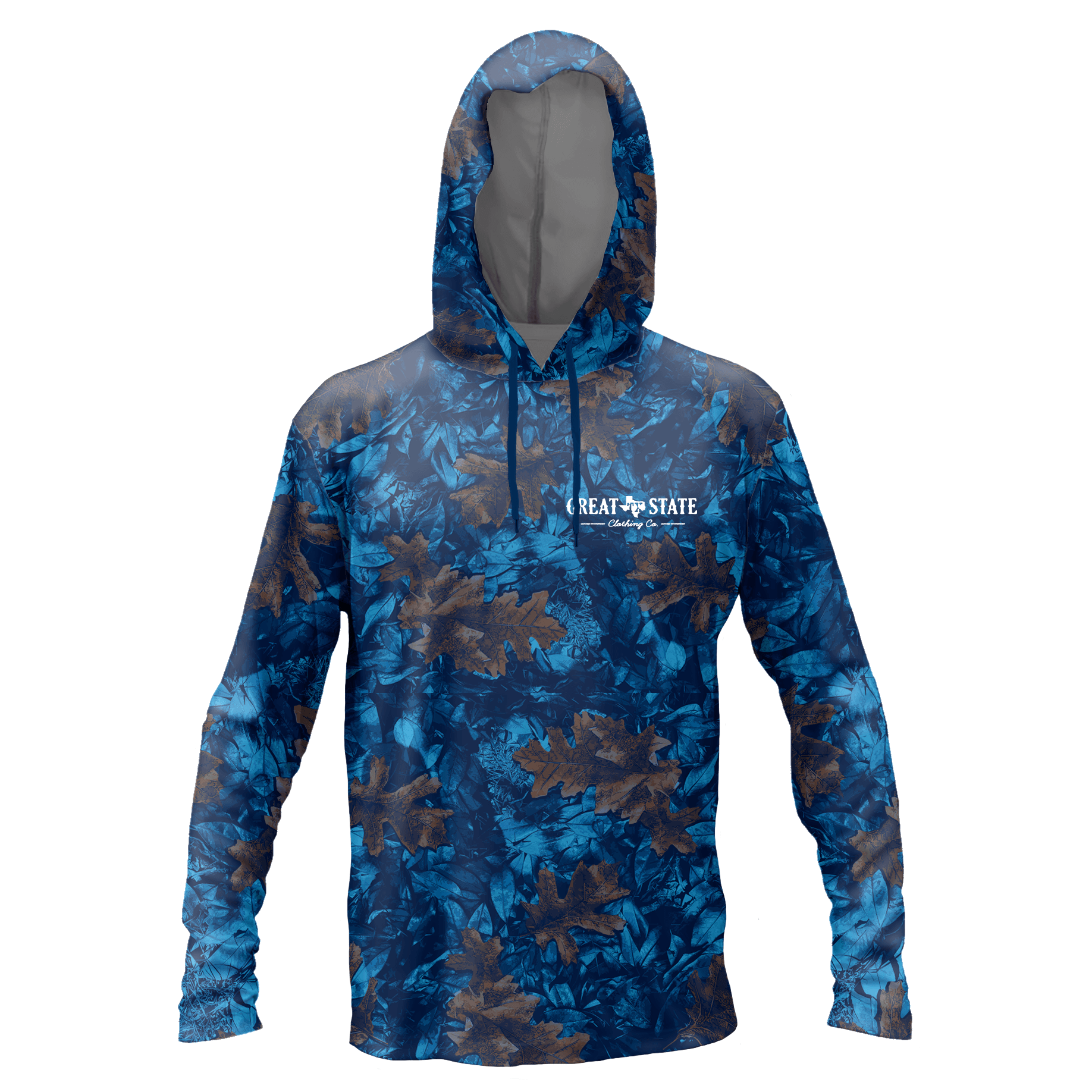 Performance hoodie with a repeating leaf pattern in blue and brown and the Great State logo on the left chest.