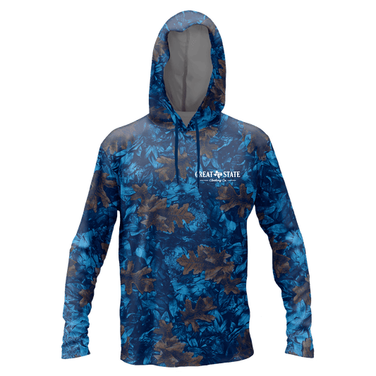 Performance hoodie with a repeating leaf pattern in blue and brown and the Great State logo on the left chest.