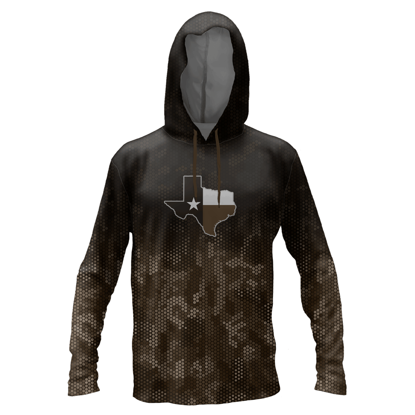 Performance hoodie with top half black and the bottom half a geometric camoflauge pattern and the outline of Texas in the middle chest.
