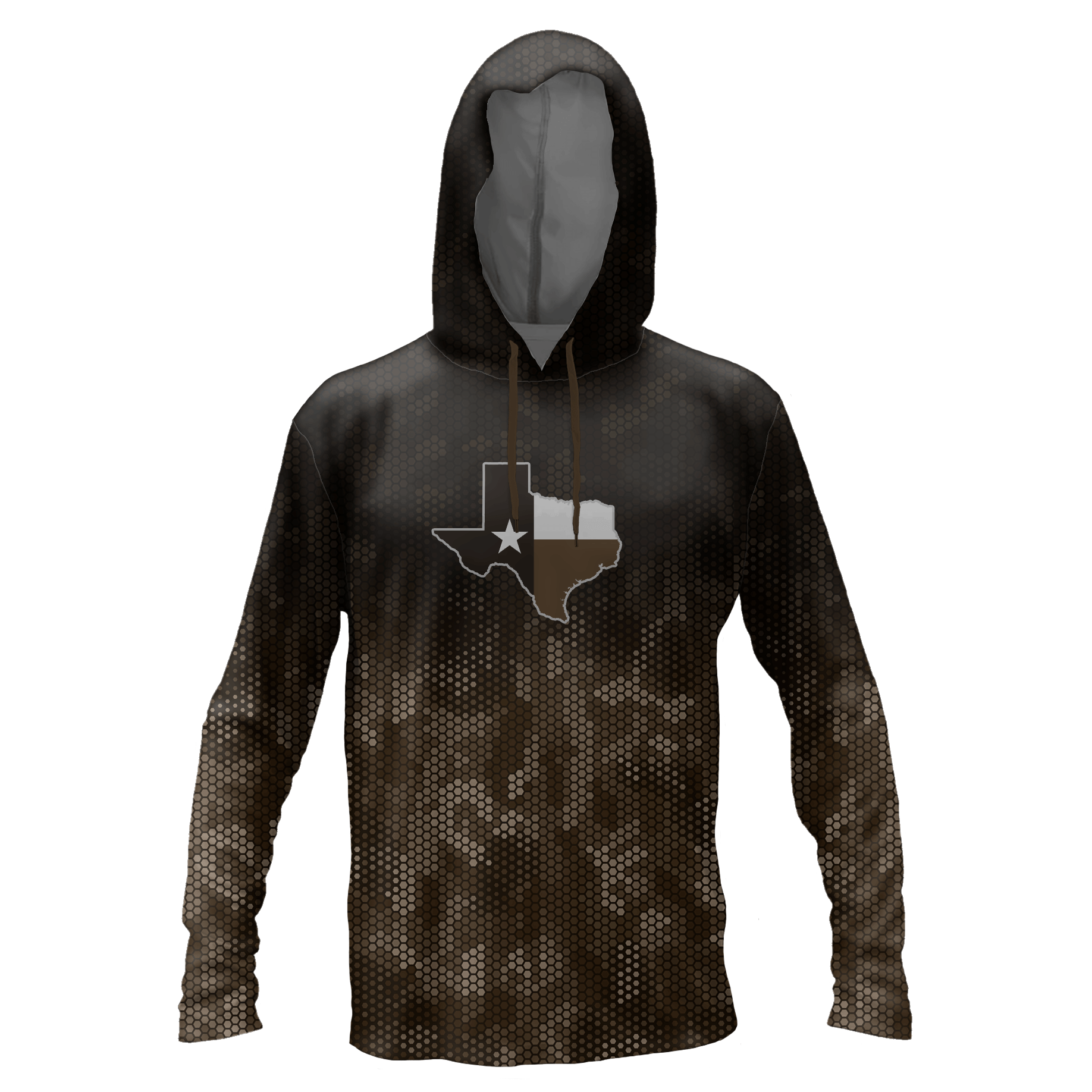 Performance hoodie with top half black and the bottom half a geometric camoflauge pattern and the outline of Texas in the middle chest.