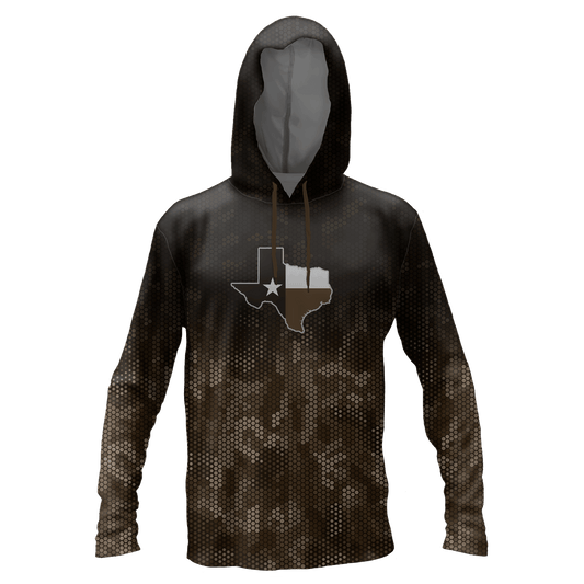 Performance hoodie with top half black and the bottom half a geometric camoflauge pattern and the outline of Texas in the middle chest.