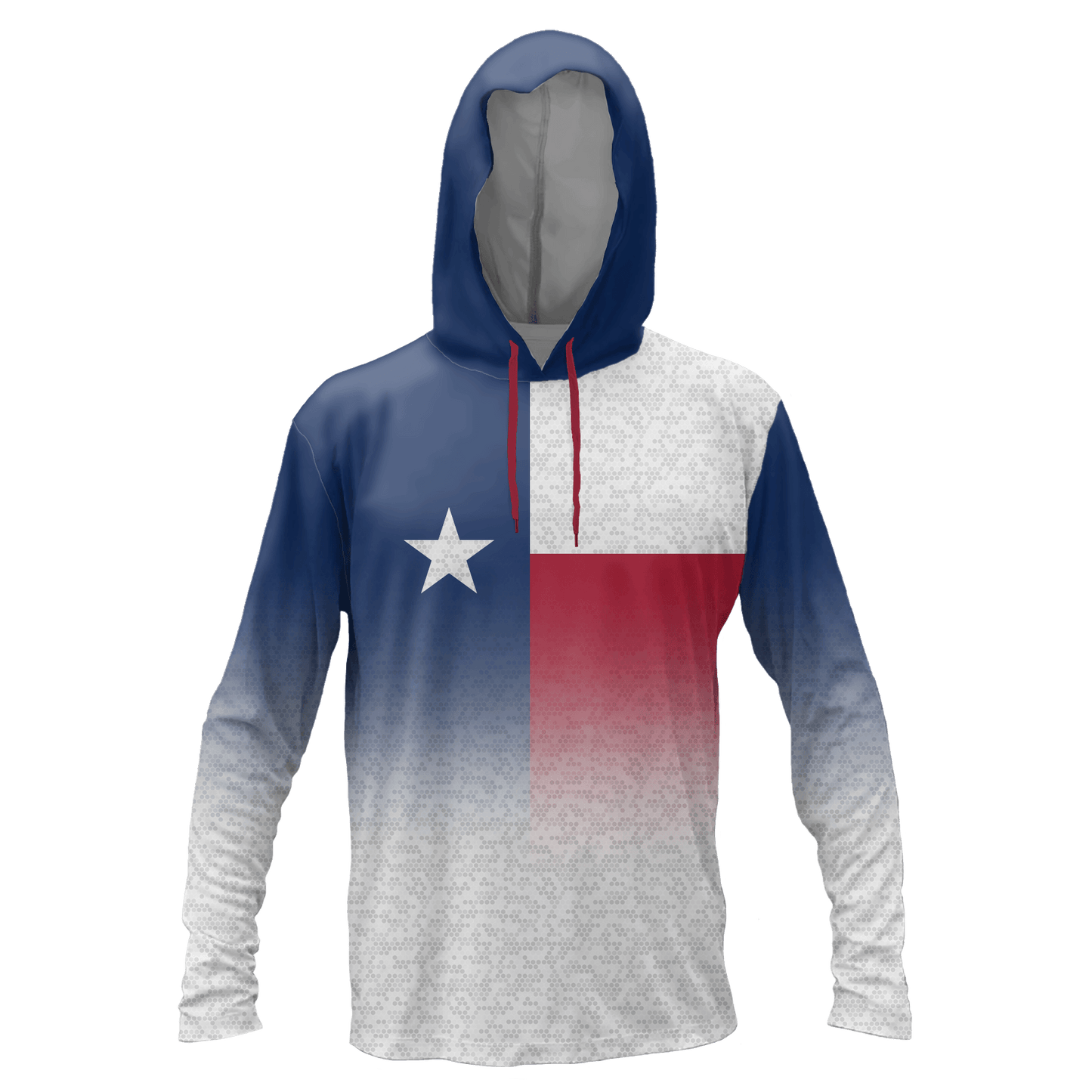 Performance hoodie with the Texas flag that fades into a geometric white and gray pattern.