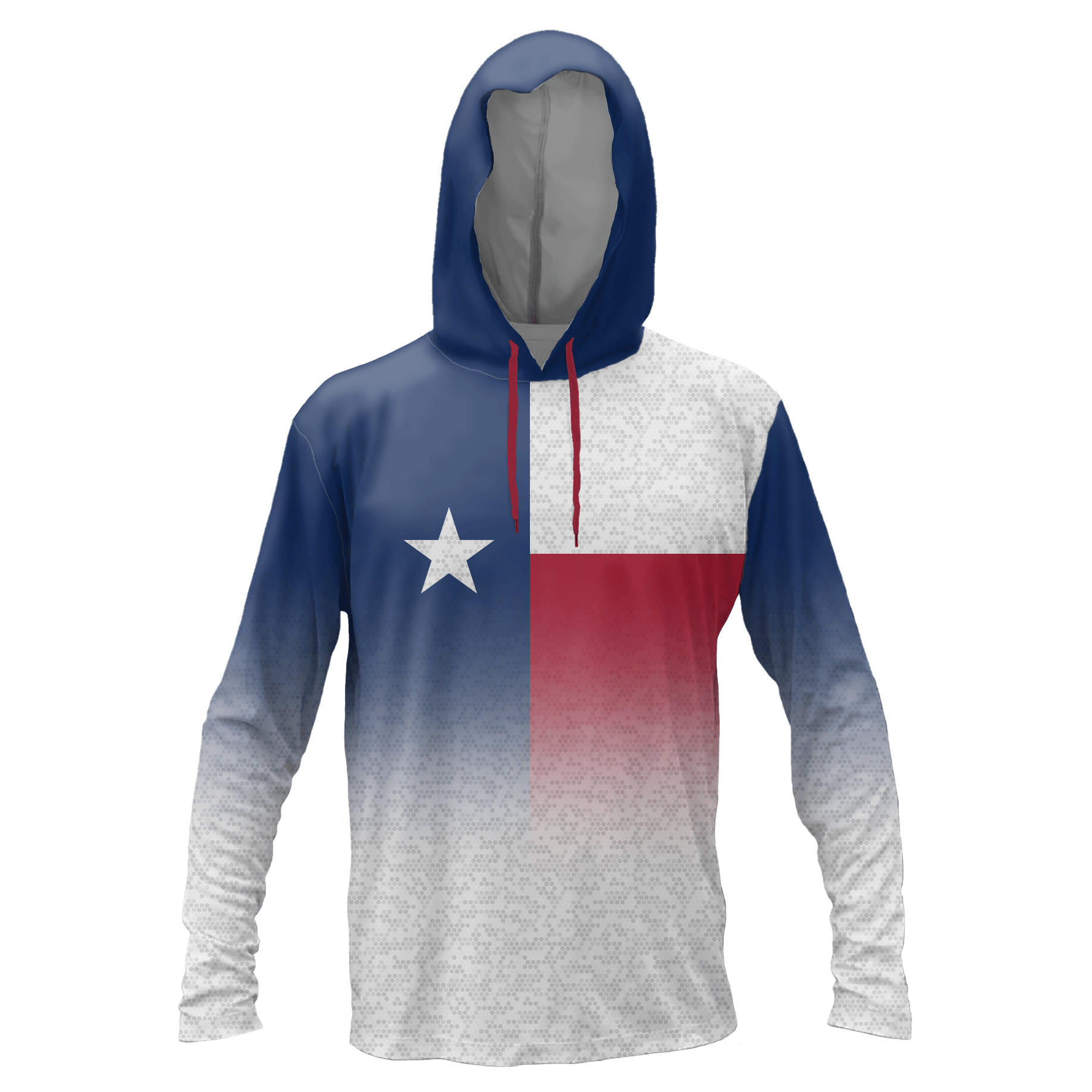 Performance hoodie with the Texas flag that fades into a geometric white and gray pattern.