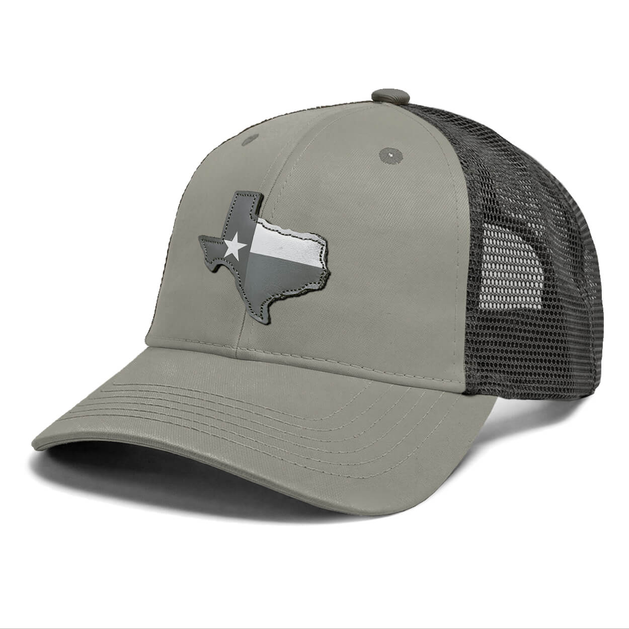 Gray hat with a leather patch of the state of Texas with the state flag inside of it. 