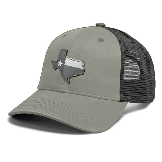 Gray hat with a leather patch of the state of Texas with the state flag inside of it. 