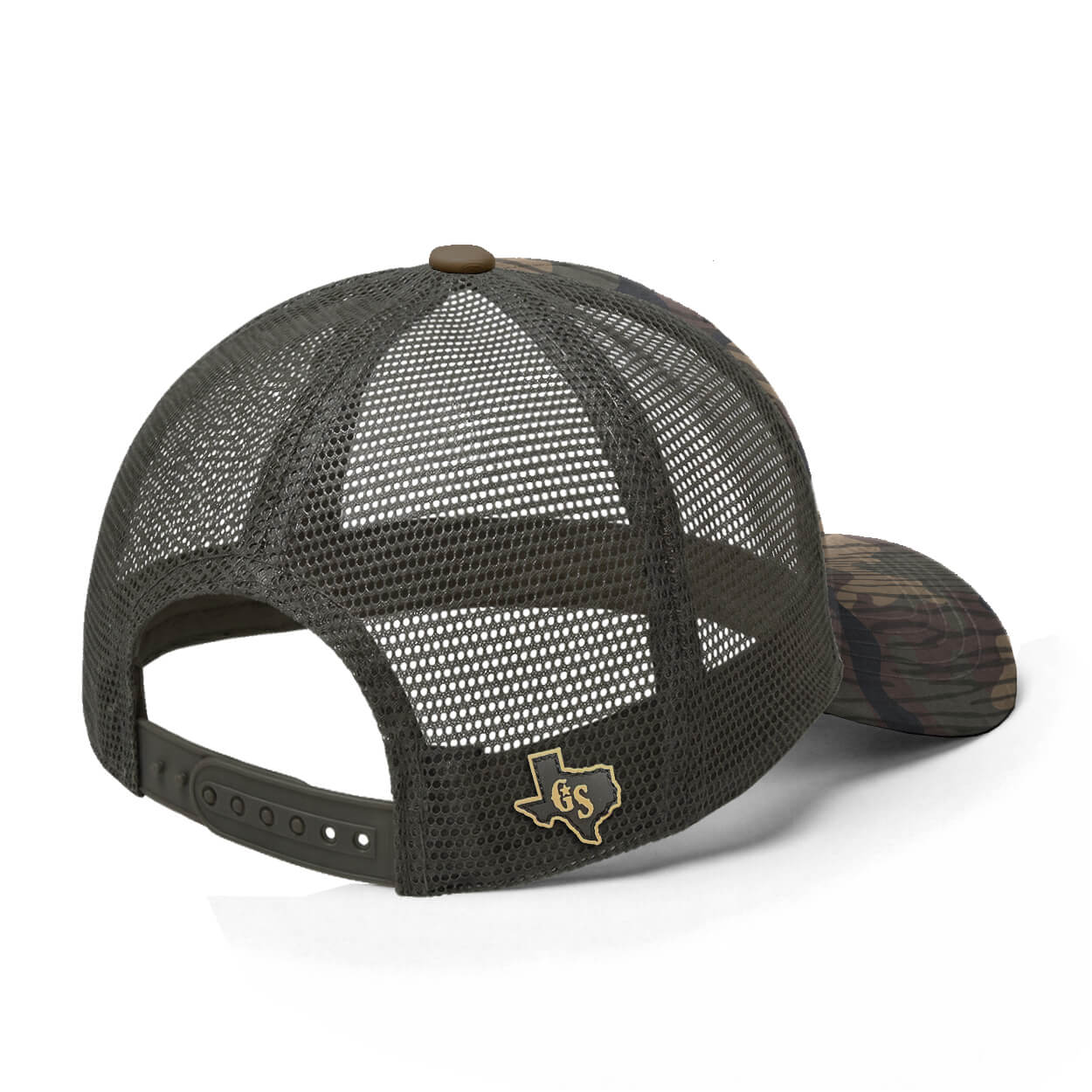 Back view showing a black mesh backing and snapback.