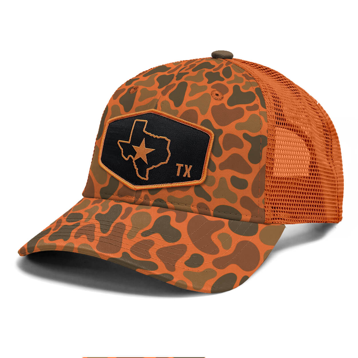 Orange camo hat with a patch with the state of Texas and a star in the middle of it.