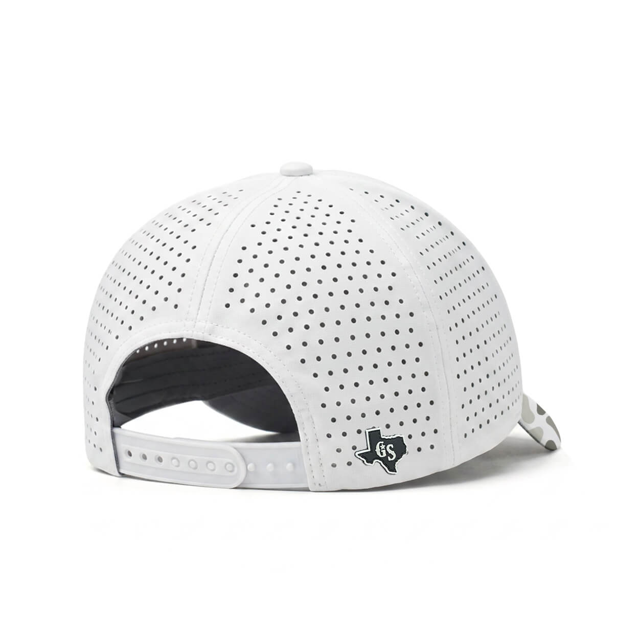 Back view showing a perforated backing and snapback.