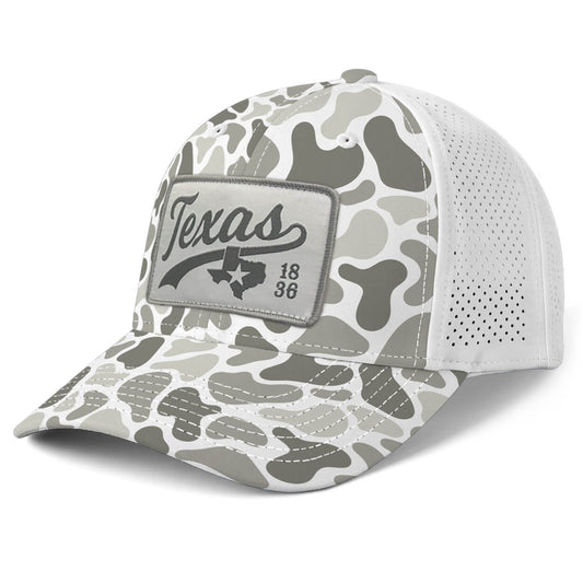 White and gray camo hat with a patch on the crown with "Texas" and 1836.