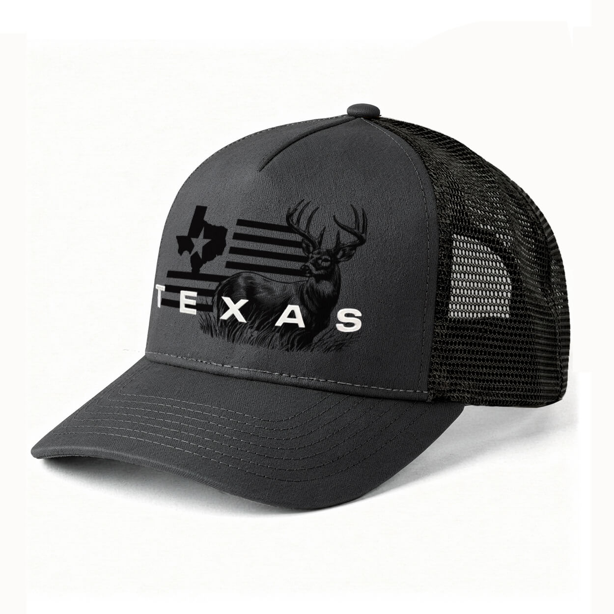 Gray hat with the American flag on the front with a buck and the text 'TEXAS'.