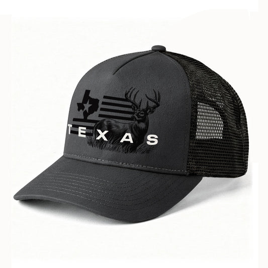 Gray hat with the American flag on the front with a buck and the text 'TEXAS'.