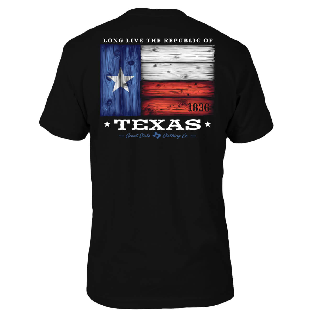 Black tee with a Texas flag made out of wood as a design.